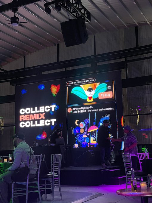 An event space with a large screen displaying "COLLECT REMIX COLLECT", "LIVE ON COLLECTNFT.NYC", and artwork by Johanna Nyqvist, with people DJing and socializing in the foreground.