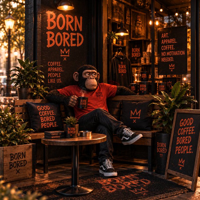 A relaxed chimpanzee wearing a "Born Bored" t-shirt sits on a bench surrounded by branded merchandise including apparel, pillows, and signs reading "Born Bored," "Good Coffee. Bored People.," and "Art. Apparel. Coffee. No Motivation Needed." The laid-back café scene humorously captures the "locked in" Web3 grind mentality, with the monkey's unbothered yet focused pose embodying the dedication of staying at one's desk through trenches and opportunities alike.