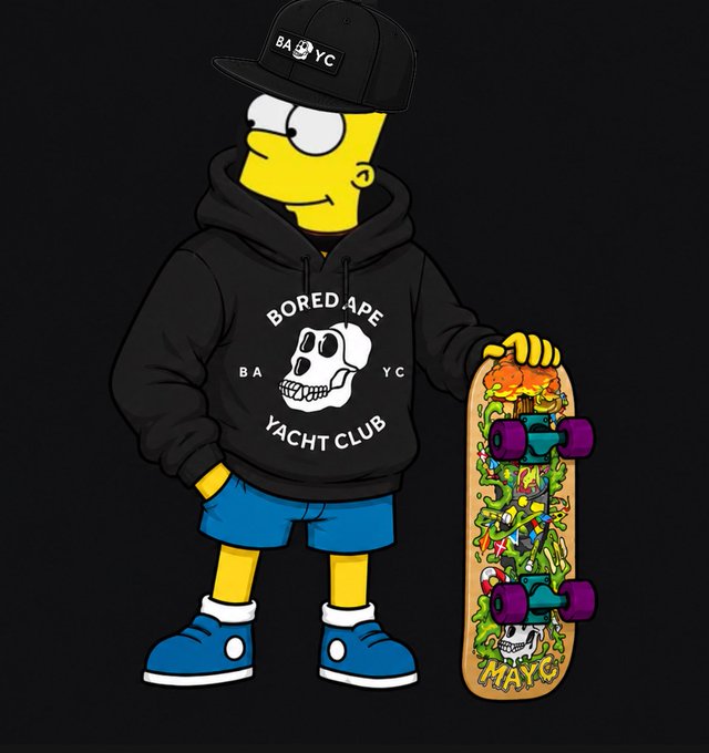 The image features a cartoon character dressed in a black hoodie with "boredape yacht club" written on it. This character also has blue shorts and shoes, giving them a casual yet stylish appearance. The character holds a skateboard under their arm, which is adorned with various designs and colors.