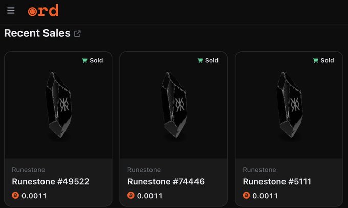 A screenshot of an NFT marketplace called 'ord' showing three recent sales of 'Runestone' items (#49522, #74446, #5111), each sold for 0.0011 ETH.