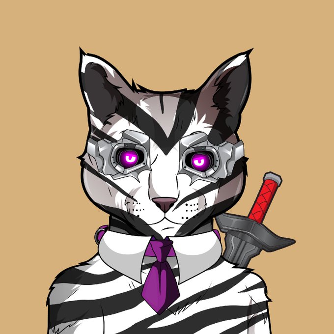 An illustrated anthropomorphic zebra character wearing a white dress shirt, purple tie, and mechanical goggles with glowing purple eyes, with a red-handled sword visible behind its shoulder.