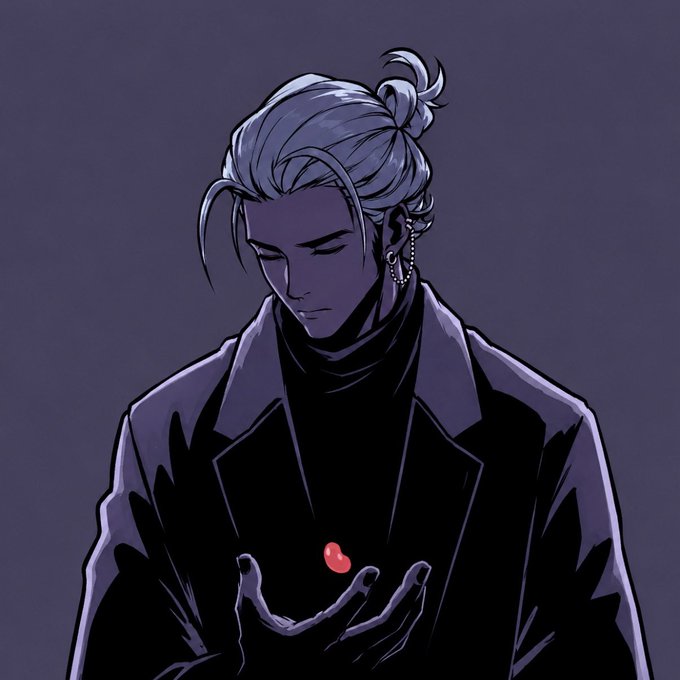 An anime-style illustration of a silver-haired man in a dark coat looking down at a small red object in his cupped hands.