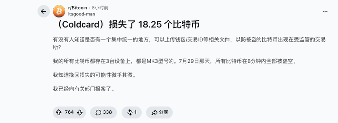 A Reddit post from r/Bitcoin by user itsgood-man in Chinese, stating they lost 18.25 bitcoins, mentioning their bitcoins were stored on 3 devices with MK3 serial numbers and were stolen on July 29th in just 8 minutes.