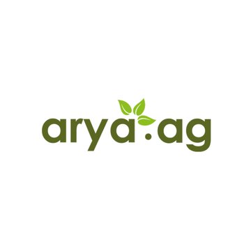 The image displays the Arya.ag logo, featuring the company name "arya.ag" in dark green lowercase lettering with a stylized bright green leaf design above the text. This branding aligns with the post about Arya.ag, an Indian agricultural warehousing business, testing tokenized warehouse receipts for stored grain on the Avalanche blockchain.