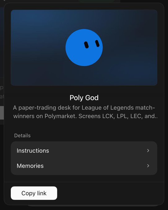 A mobile app interface for 'Poly God' featuring a blue smiley face icon, described as 'A paper-trading desk for League of Legends match-winners on Polymarket. Screens LCK, LPL, LEC, and...', with options for Instructions and Memories.