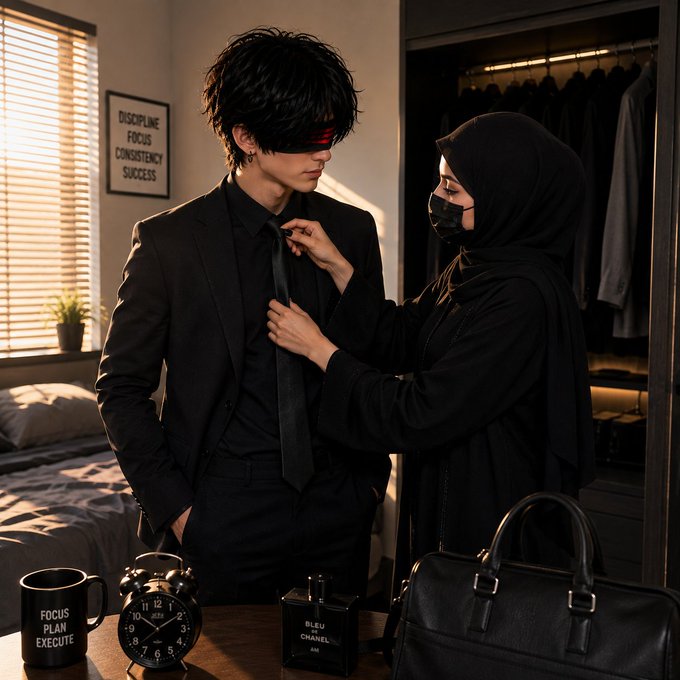 A woman in a hijab and mask adjusts the tie of a man in a suit who is wearing a red blindfold, as a mug reads "FOCUS PLAN EXECUTE." The image complements the post's sentiment of a fresh start and someone special preparing them for the day.
