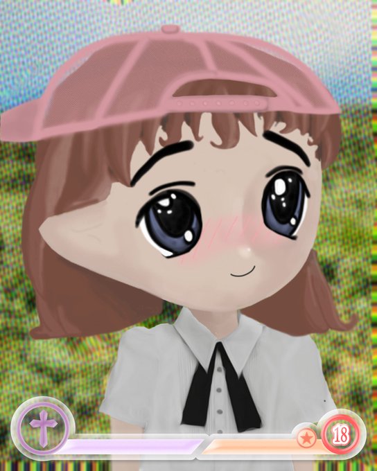 An anime-style illustration of a chibi character with brown hair, large eyes, and a pink cap, wearing a white shirt with a black tie, with UI elements including a plus button and '18' icon at the bottom.