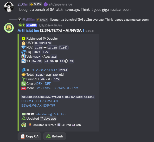 A Discord message by 'gl00m' discusses buying 'Artificial lnu' ($AI) at 2m average, with an embedded image showing FDV rising from 2.3M to 17.2M and a 27% 1-hour increase.