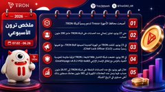 The image is a TRON Weekly Summary infographic highlighting five key network developments, including Trezor wallet support, with TRON branding, the date "07-06-2026," and a "Super Representative" mascot featured prominently on the left side.