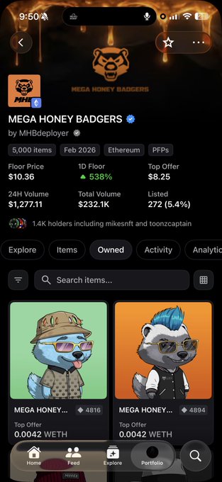 The image shows the NFT collection "MEGA HONEY BADGERS" by MHBdeployer on Ethereum, displaying a floor price of $10.36, 24H volume of $1,277.11, and 5,000 items, with two visible cartoon badger NFTs (#4816 and #4894) listed at 0.0042 WETH each. The image likely illustrates a profitable sweep of these NFTs at $3, as mentioned in the post, highlighting how the buyer acquired items below the current floor price for a quick flip or long-term hold.