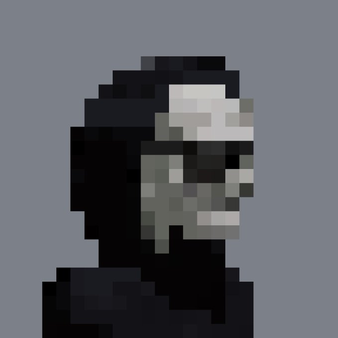 A low-resolution pixel art portrait of a person wearing a black hoodie against a solid gray background.