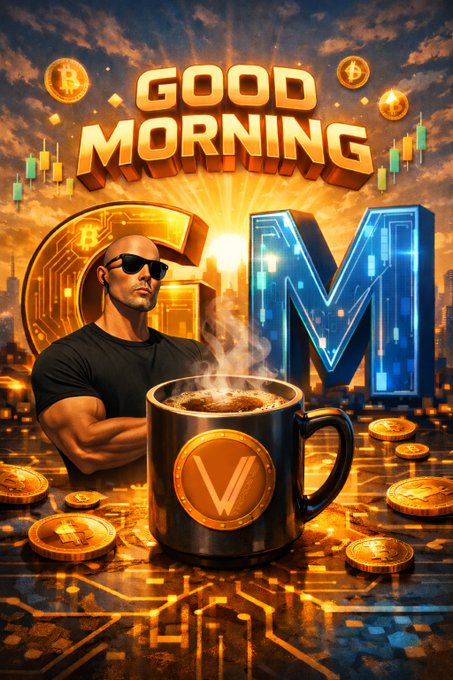 A stylized 'GOOD MORNING' graphic featuring Bitcoin symbols, a muscular figure with sunglasses, a steaming coffee mug with a 'V' logo, and cryptocurrency market charts in golden lighting.