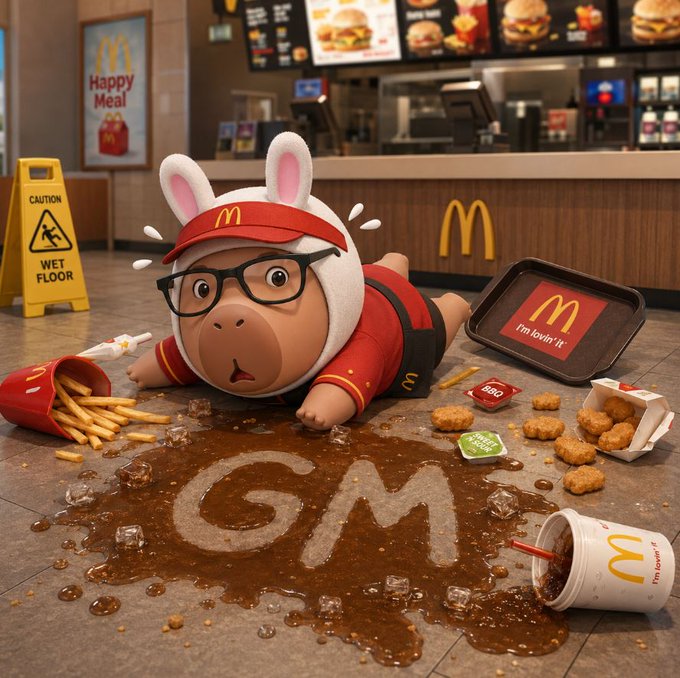 A 3D-rendered cartoonish hippo character wearing a McDonald's visor and uniform lies face-down on a restaurant floor surrounded by spilled soda, ice, fries, and chicken nuggets, with 'GM' written in the spilled liquid near a 'Wet Floor' caution sign.