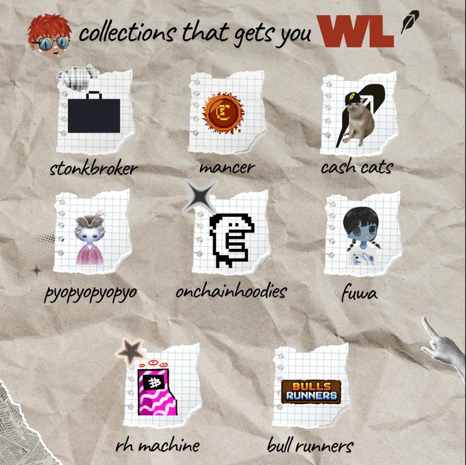 A scrapbook-style collage titled 'collections that gets you WL' displaying various NFT projects on torn notebook paper, including stonkbroker, mancer, cash cats, pyopyopyop yo, onchainhoodies, fuwa, rh machine, and bull runners.