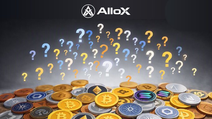 An 'AlloX' branded graphic displays numerous question marks hovering above a colorful pile of cryptocurrency coins including Bitcoin, Ethereum, and Solana.
