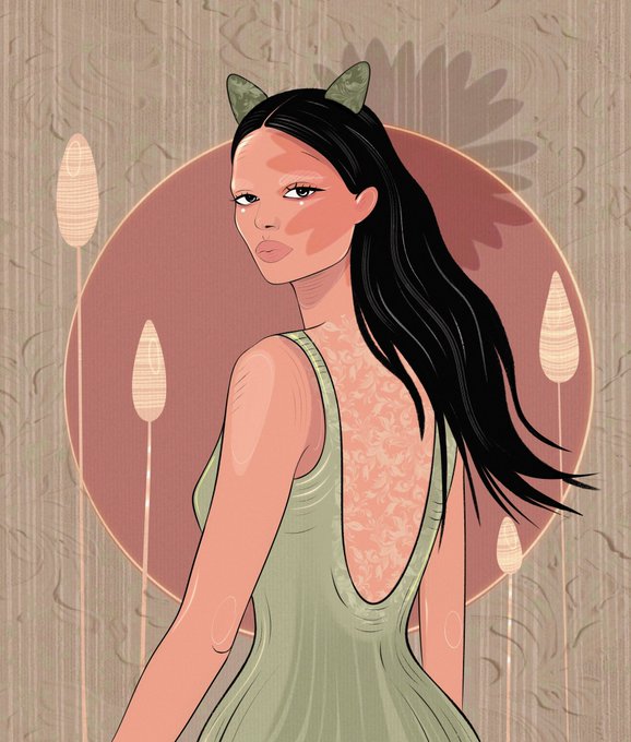 The image features a woman with long hair wearing a green dress, standing against a pink background that includes a circular pattern. The woman has a cat-like appearance due to her black hair and ears adorned with cat ears. The image also contains text elements such as "Sold One edition of" and "@merinMiler".
