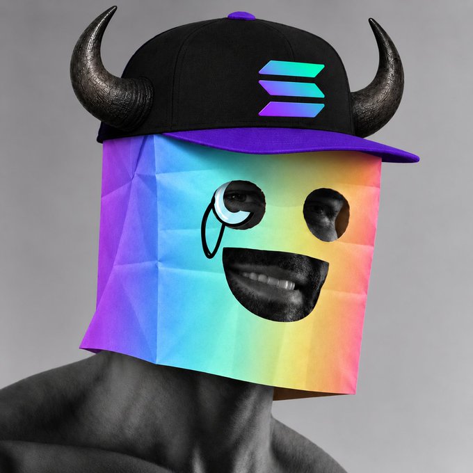 A surreal digital artwork shows a person wearing a horned cap and a rainbow-colored paper bag mask featuring a monocle and mustache.