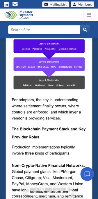 Mobile screenshot from the US Faster Payments Council website showing a blockchain payment stack diagram with Layer 0 (Cosmos, Polkadot, Avalanche, Metal Blockchain), Layer 1 (Ethereum, Solana, BNB Chain, XRPL, XPR Network, Polygon), and Layer 2 (Arbitrum, Optimism, Base, zkSync, Metal L2) blockchains, along with article text about non-crypto-native financial networks like JPMorgan Chase, Visa, Mastercard, PayPal, MoneyGram, and Western Union.