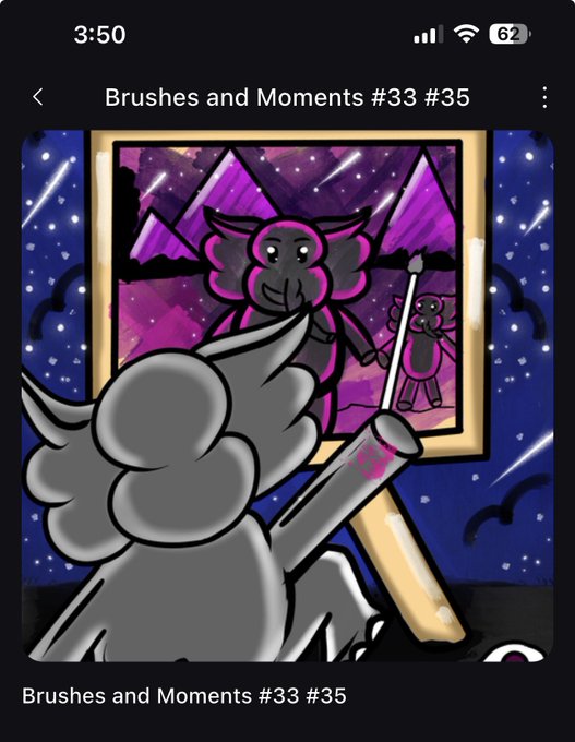 A mobile screenshot displays a digital art piece titled "Brushes and Moments #33 #35" showing a gray character with wings painting a purple creature on canvas.