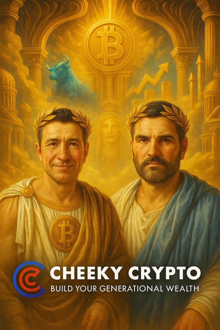 Two men depicted as classical Roman emperors wearing golden laurel crowns and robes stand before a glowing Bitcoin emblem and a teal bull, with the "Cheeky Crypto" logo and tagline "Build Your Generational Wealth" displayed below. The image reinforces the post's crypto enthusiasm by casting Bitcoin as a majestic, wealth-building force, inviting followers to share which ticker—likely BTC or ETH—they're watching as markets open.