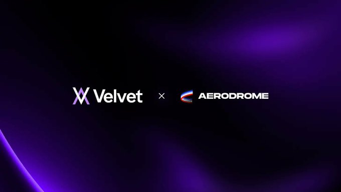 The image displays a co-branding graphic with the "Velvet" logo (featuring a purple-to-blue gradient "X" symbol) alongside the "AERODROME" logo (with a multicolored swoosh icon), separated by a small "×" mark against a dark purple background with subtle light flares. This visual reinforces the partnership announcement, symbolizing Velvet Capital's integration with AerodromeFi to deliver deeper Base chain liquidity and improved trade execution for users.