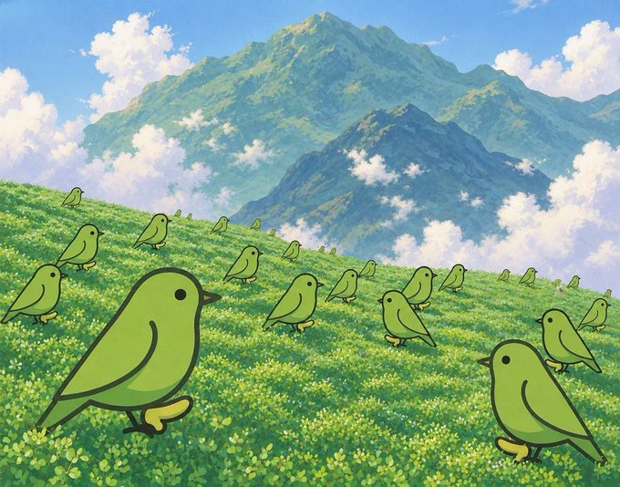 An illustrated scene of multiple green cartoon birds scattered across a grassy hillside with mountains and a blue cloudy sky in the background.