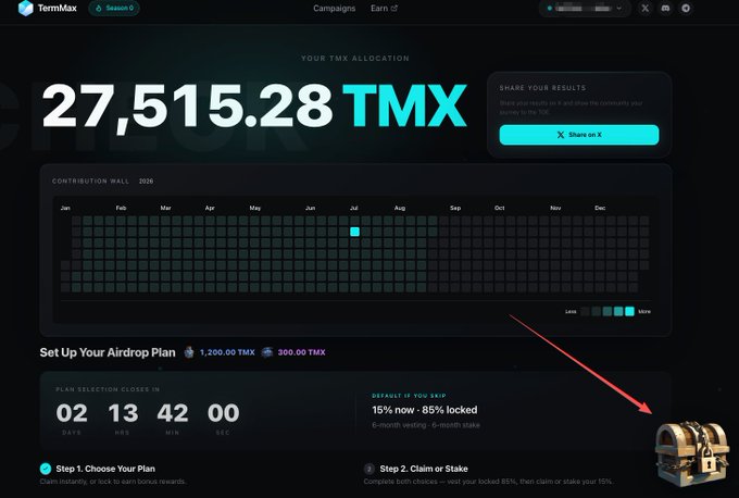 A screenshot of a TermMax dashboard showing a TMX allocation of '27,515.28 TMX', a contribution wall, and a plan selection closing in '02 13 42 00' with a red arrow pointing to a treasure chest icon.