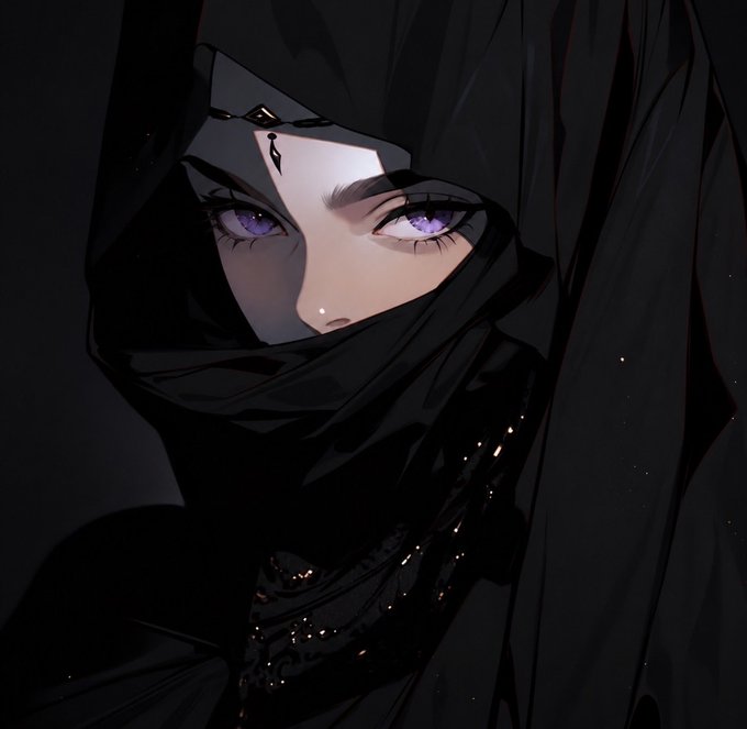 A digital artwork of a mysterious figure wearing a black hood that conceals most of their face, revealing only piercing purple eyes and a small forehead mark.