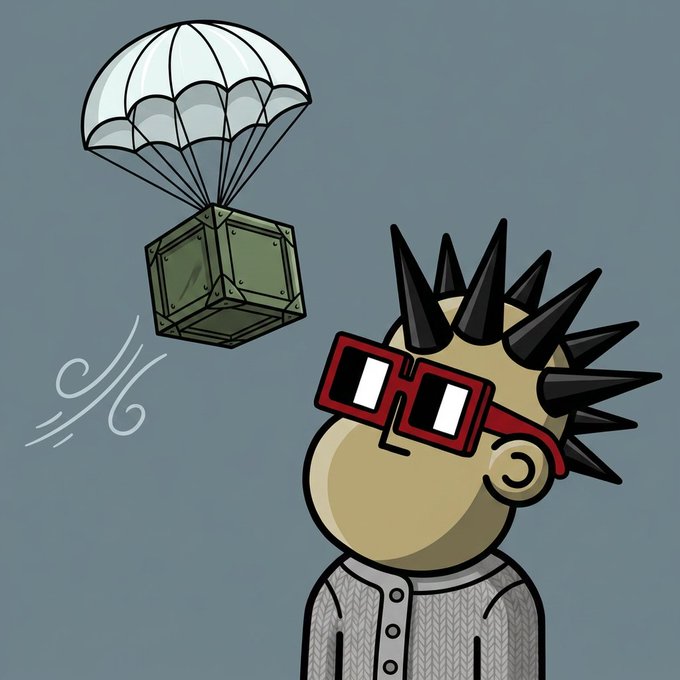 A cartoon illustration of a punk character with spiked hair and red sunglasses watching a supply crate parachute from the sky.