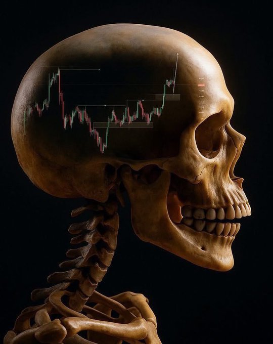 This image depicts a skeleton's skull with a stock market graph displayed within it, illustrating the post's humorous contrast between what a partner might assume someone is thinking about and the reality of constant market analysis.