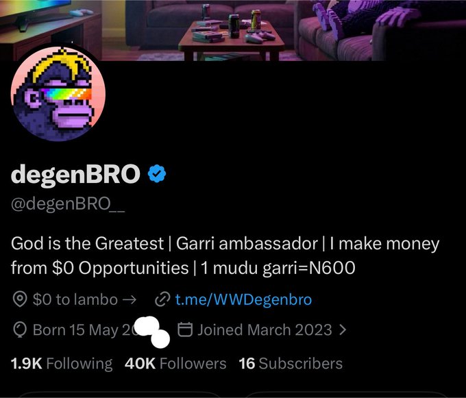 A Twitter/X profile for "degenBRO" (@degenBRO__) showing 40K followers, with a bio reading "God is the Greatest | Garri ambassador | I make money from $0 Opportunities | 1 mudu garri=N600" and a tagline of "$0 to lambo." The "40k" post likely celebrates reaching this 40,000 follower milestone displayed on the profile.