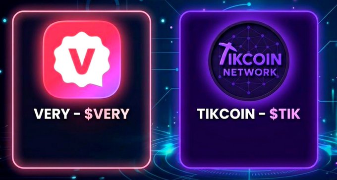 A vibrant digital graphic showcases two crypto projects side-by-side in glowing neon frames: "VERY - $VERY" on the left with a pink/red icon, and "TIKCOIN - $TIK" on the right with a purple geometric emblem, visually promoting the post's highlight of two Web3 mining projects to watch.