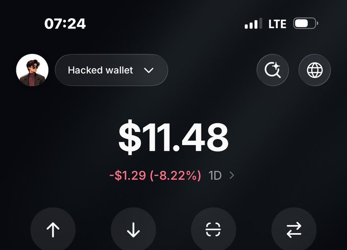 A mobile wallet app screen shows a balance of $11.48 with an 8.22% daily decline, under an account labeled 'Hacked wallet'.