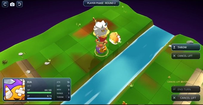 A screenshot of a tactical video game showing a character named 'XIA' (LV 3) in combat during 'PLAYER PHASE - ROUND 2', with stats including ATK 16, DEF 13, HP 64/65, and options to Throw, Cancel Lift, and End Turn.