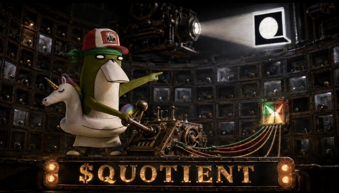 A digital artwork shows a green character wearing a "HAM" cap and riding a unicorn, operating a complex steampunk machine labeled "$QUOTIENT" while a beam of light projects an "O" logo.