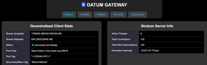 The image shows a Datum Gateway dashboard displaying Decentralized Client Stats with 17,836,40 shares accepted (66,330,139,0336 difficulty) and Stratum Server Info showing an estimated hashrate of 123,231.67 Th/s across 8 active threads and 120 connections. The displayed hashrate directly aligns with the post's claim of "ripping hard for BIP-110 now at 123PH."