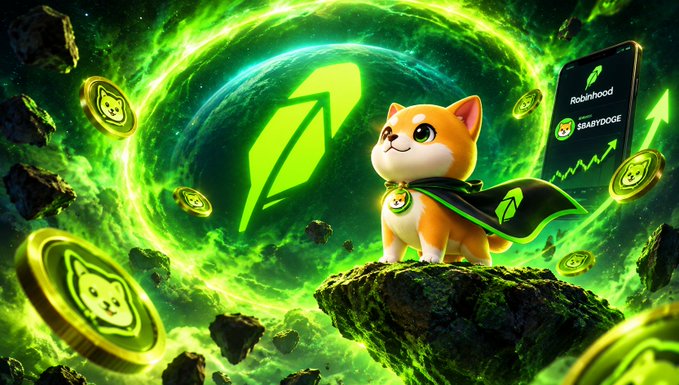 A cartoon Shiba Inu puppy wearing a green cape stands on a floating asteroid amid glowing green cosmic swirls and Dogecoin-themed coins, with a smartphone displaying "Robinhood" and "$BABYDOGE" alongside a rising chart in the background—visually emphasizing the post's question about whether BabyDoge will be listed on the Robinhood app.