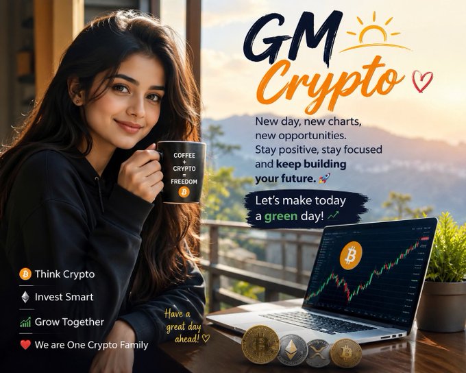 A crypto-themed graphic titled 'GM Crypto' shows a smiling woman holding a 'COFFEE + CRYPTO = FREEDOM' mug, with text encouraging investment and a laptop displaying a Bitcoin chart.