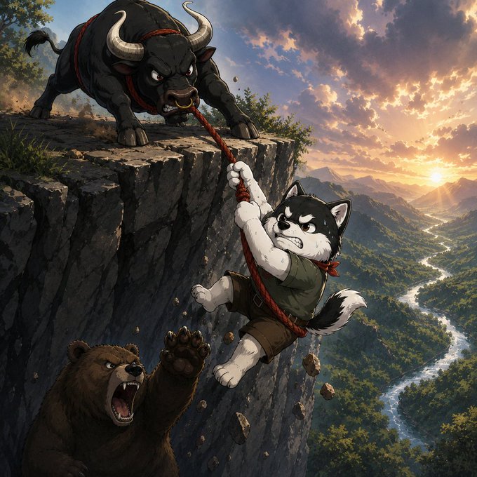 A digital illustration of a husky dog in a vest hanging from a red rope at the edge of a cliff, being pulled up by a black bull with a nose ring while a roaring bear reaches up from below, set against a sunset landscape.