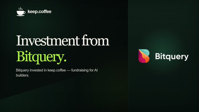 A dark-themed announcement graphic from "keep.coffee" stating "Investment from Bitquery," with the Bitquery logo displayed on the right side.