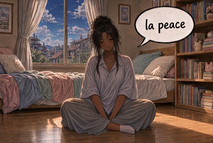 An anime-style illustration depicts a young woman with dark hair in a messy bun sitting cross-legged on the floor of a bedroom. A speech bubble next to her reads 'la peace'.