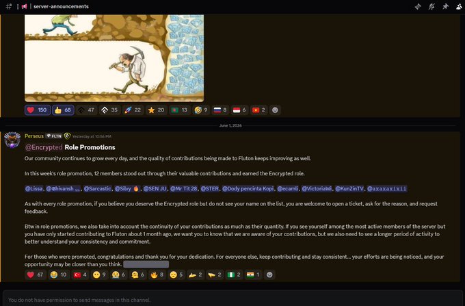 The image displays a screenshot of a webpage with text and illustrations, including an email post from a user named "@FlutonIO", congratulating another user for winning the role they were promoting. The message reads, "BBBBBigcongrats to everyone who earned the Encrypted role at @FlutonIO #Fluton’s approach feels a bit different. What stood out to me is that the Encrypted role". This post seems focused on consistency and recognition of hard work rather than just short-term activity or simple notifications. The user "@FlutonIO" might be congratulating a specific person named "@WinningJobs", who has likely achieved something notable in the field being promoted.