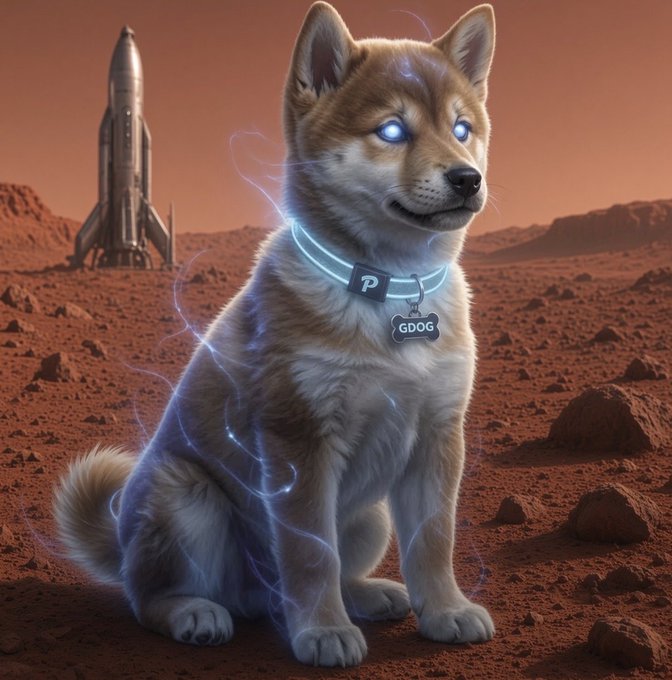 A Shiba Inu dog with glowing blue eyes and electric blue energy swirling around its body sits on a Mars-like red planet landscape, wearing a collar with a tag labeled 'GDOG', while a rocket ship stands in the background.