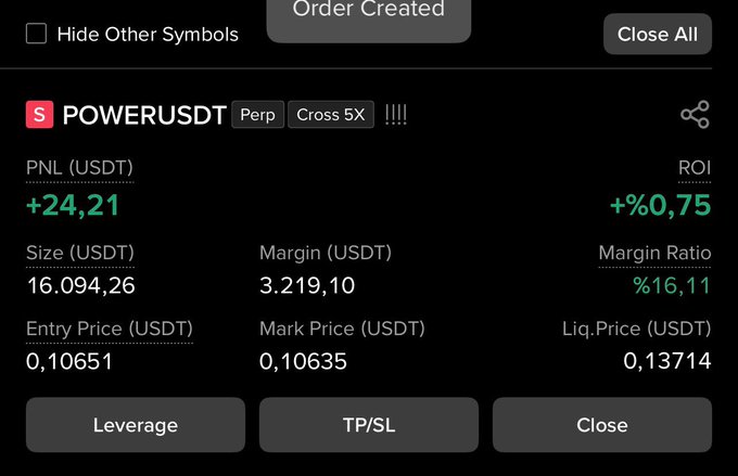 A trading app screenshot showing an open position for 'POWERUSDT' (Perp, Cross 5X) with a PNL of +24,21 USDT and +0.75% ROI, entry price 0,10651 and mark price 0,10635.