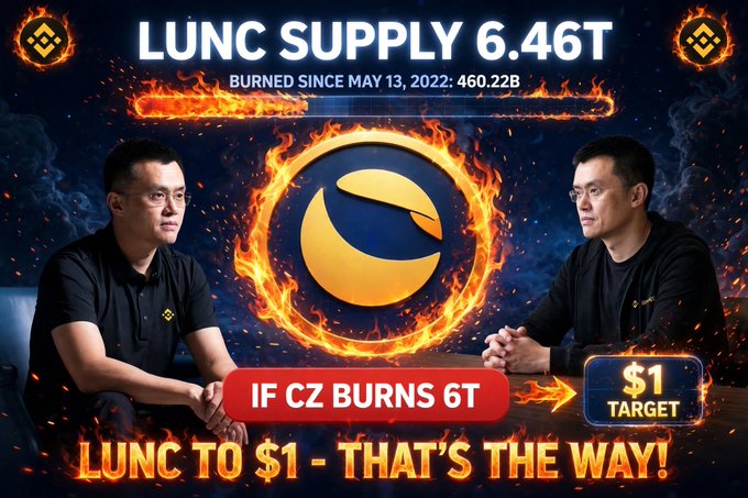 A graphic titled 'LUNC SUPPLY 6.46T' with text 'BURNED SINCE MAY 13, 2022: 460.22B,' showing two photos of CZ next to a flaming LUNC logo and text suggesting 'LUNC TO $1 - THAT'S THE WAY!'.