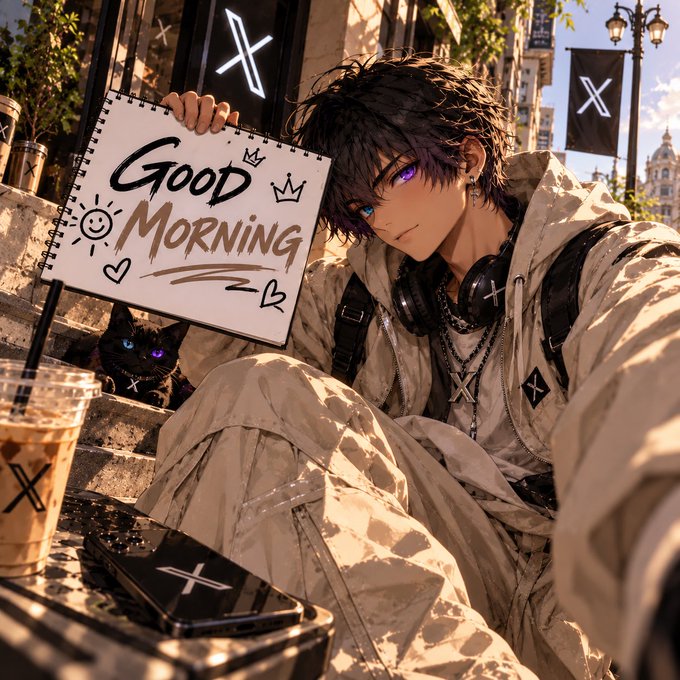 An anime-style illustration of a young man with purple eyes holding a sketchbook that reads 'GOOD MORNING', with a black cat beside him and an iced coffee in the foreground.