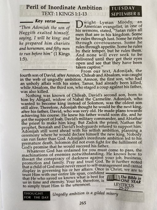 A page from a daily devotional book dated Tuesday, September 8, featuring the title 'Peril of Inordinate Ambition' with scripture from 1 Kings 1:1-13 and a key verse from 1 Kings 1:5.