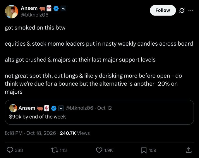 A screenshot of a tweet from crypto trader Ansem (@blknoiz06) shows him admitting he "got smoked" after previously predicting "$90k by end of the week" on October 12, now cutting longs and derisking before the October 18 open, contradicting his earlier bullish $BTC call with BTC trading at $82.8k.