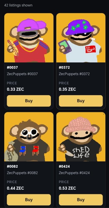 A mobile app marketplace displaying four ZecPuppets NFT listings (#0037, #0372, #0082, #0424) priced in ZEC cryptocurrency, featuring cartoon monkey characters with various hats and outfits on yellow backgrounds.