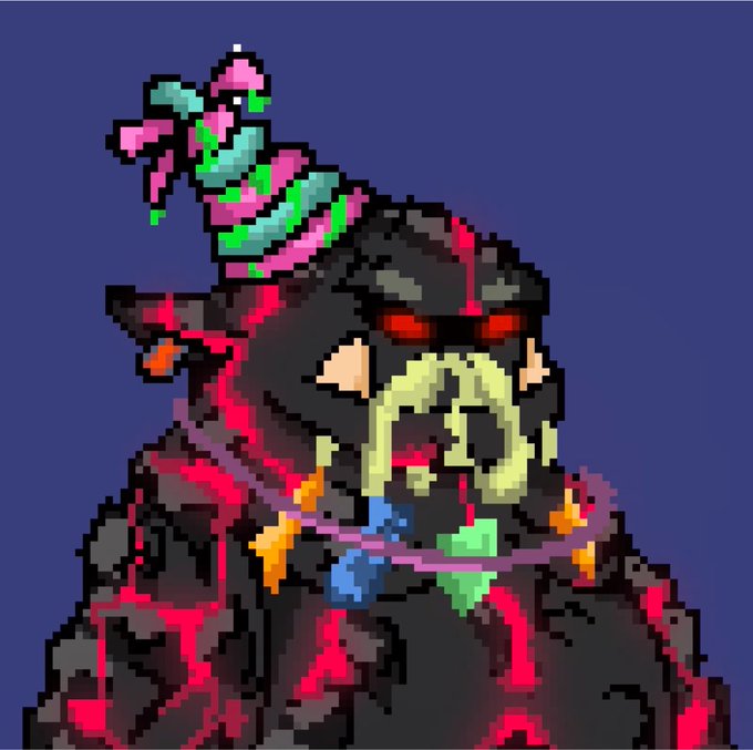 Pixel art depicting a dark demonic figure with glowing red eyes, a pink/green tentacle emerging from its head, wearing spiked necklaces and with a yellow symbol on its face.
